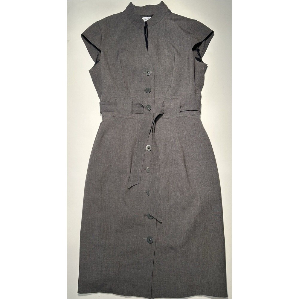 CALVIN KLIEN WOMEN’S SIZE 6 CAP SLEEVE BUTTON STRETCH BELTED GRAY CAREER DRESS - Picture 4 of 13